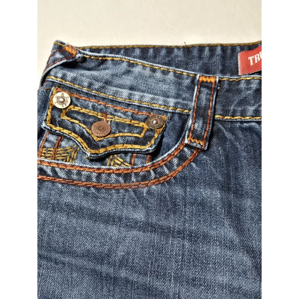 True Religion Mens Denim Jeans 34x25 Medium‎ Wash Orange Stitching